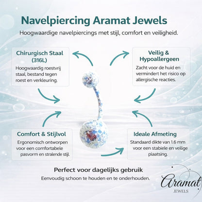 Aramat Jewels speckled belly button piercing with a curved steel and acrylic bar and two balls. The balls have a speckled pattern in blue, white, and red.
