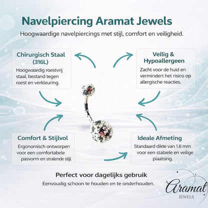 Aramat Jewels steel belly button piercing with a speckled black and white design on the balls and bar.