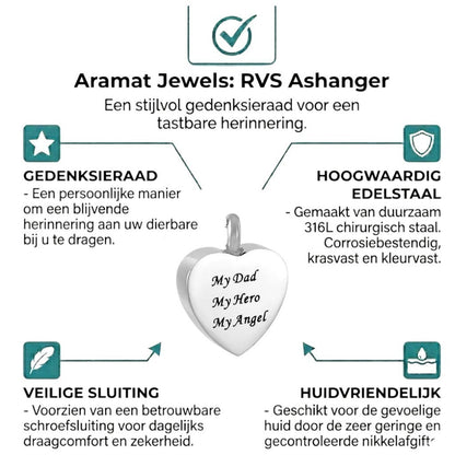 Aramat Jewels® stalen hartvormige crematiehanger met de tekst 'My Dad, My Hero, My Angel'.