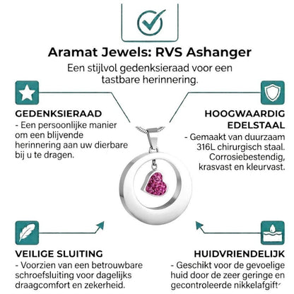 Aramat Jewels zilverkleurige stalen ashanger rond met een hartje van roze kristallen, waterbestendig en huidvriendelijk.