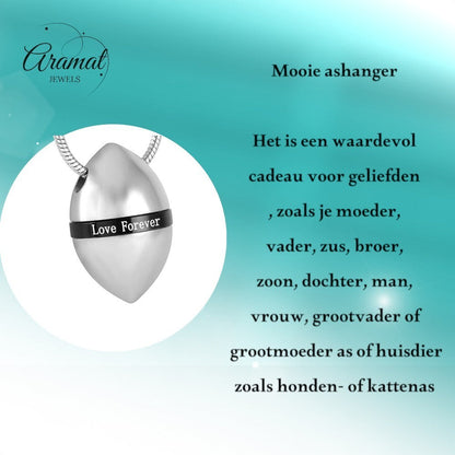 Aramat Jewels® zilverkleurige stalen ashanger met de tekst 'Love Forever' in zwart.