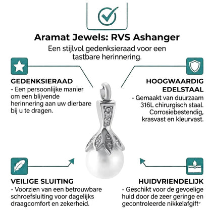 Aramat Jewels stalen ashanger met witte synthetische parel en zirkonia, 35x15mm, zilverkleurig