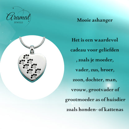 Aramat Jewels zilverkleurige stalen ashanger in hartvorm met pootjes en zirkonia, voor huisdieren.