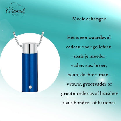 Aramat Jewels stalen blauwe ashanger met schroefsluiting en een klein zirkonia steentje. Gedenksieraad voor as.