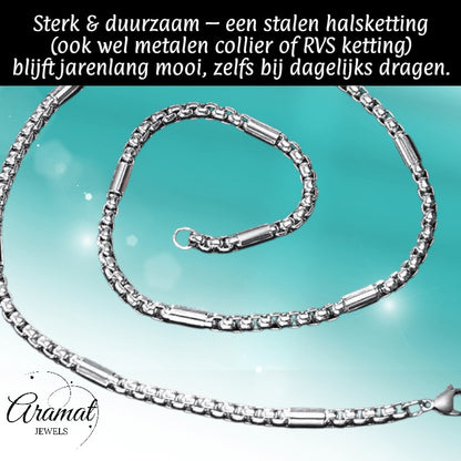 Aramat Jewels zilverkleurige RVS jasseron ketting van 60cm met ingelegde staafjes voor een robuuste uitstraling.
