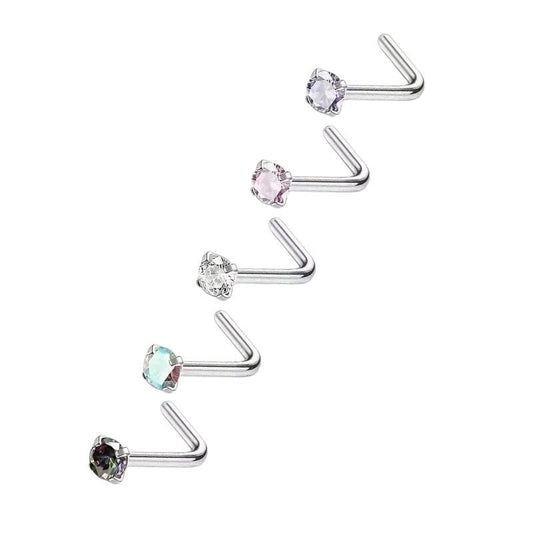 Aramat Jewels stalen neuspiercings met L-staafje en 2mm ronde zirkonia steentjes in diverse kleuren.