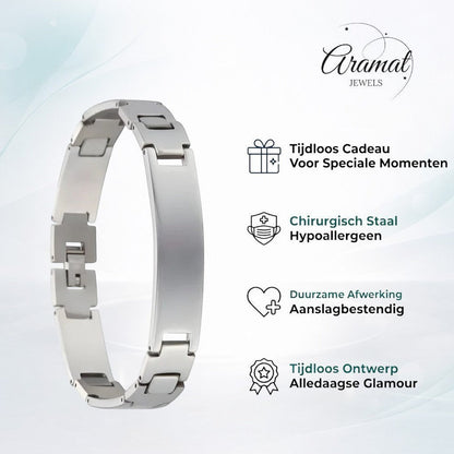 Stoere zilverkleurige Aramat Jewels plaatarmband van 316L edelstaal met een breedte van 12 mm en fantasieschakels.
