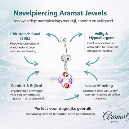 Aramat Jewels silver-tone steel navel piercing with a clear cz and a dangling charm featuring red and purple cubic zirconia stones.