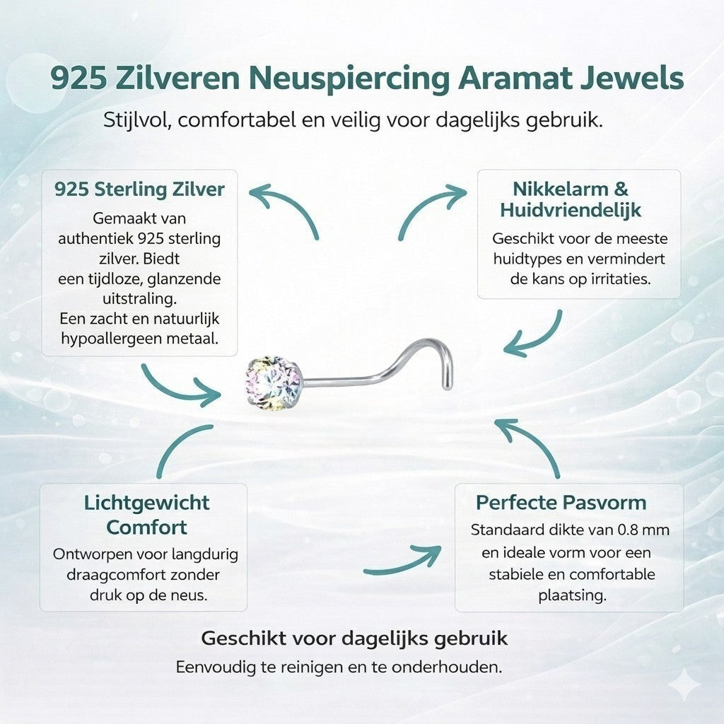 Aramat Jewels steel nose piercing with a clear AB cubic zirconia stone and an S-shaped post.