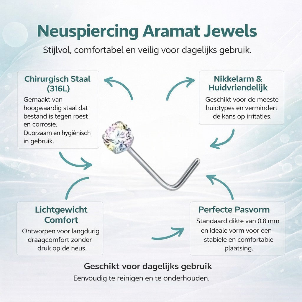 Aramat Jewels® silver steel L-shaped nose piercing with a clear AB cubic zirconia stone.