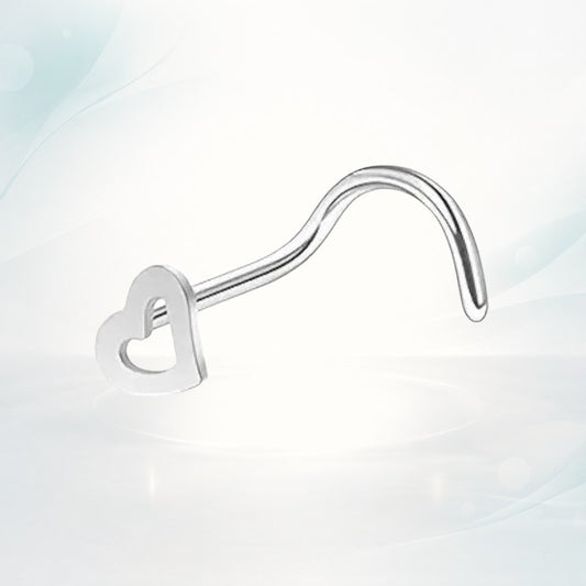 Aramat Jewels silver steel nose piercing with an open heart charm, 4mm heart size, S-shaped stud.