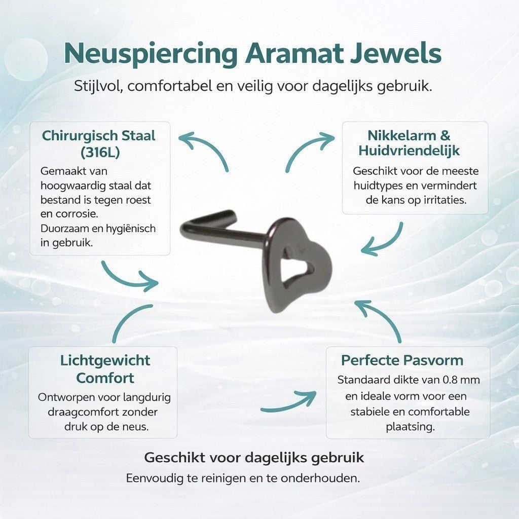 Aramat Jewels silver-tone steel nose piercing with a 4mm open heart charm. Curved design for comfortable wear.