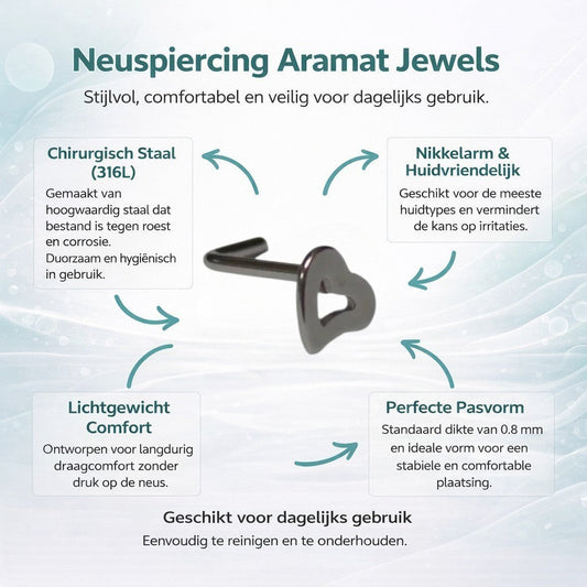 Aramat Jewels silver-tone steel nose piercing with a 4mm open heart charm. Curved design for comfortable wear.