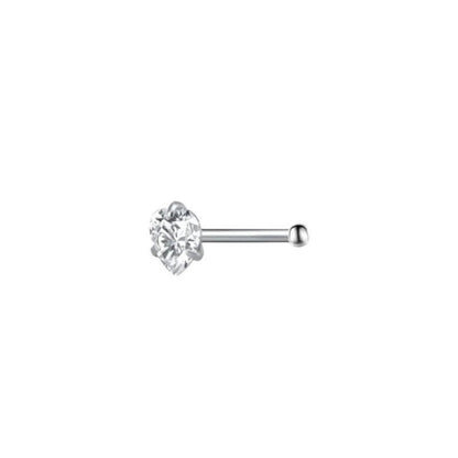 Aramat Jewels silver-tone steel nose piercing with a clear cubic zirconia stone, available in round, star, and heart shapes.