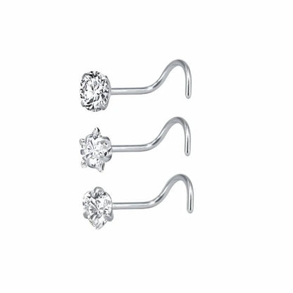 Aramat Jewels silver-tone steel nose piercings with clear cubic zirconia stones in round, star, and heart shapes.