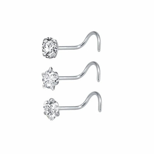 Aramat Jewels silver-tone steel nose piercings with clear cubic zirconia stones in round, star, and heart shapes.