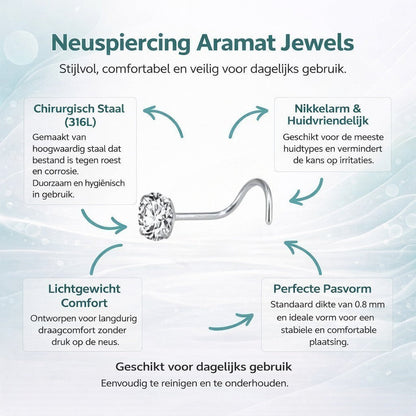 Aramat Jewels silver-colored steel nose piercing with a clear cubic zirconia stone and an S-shaped post.