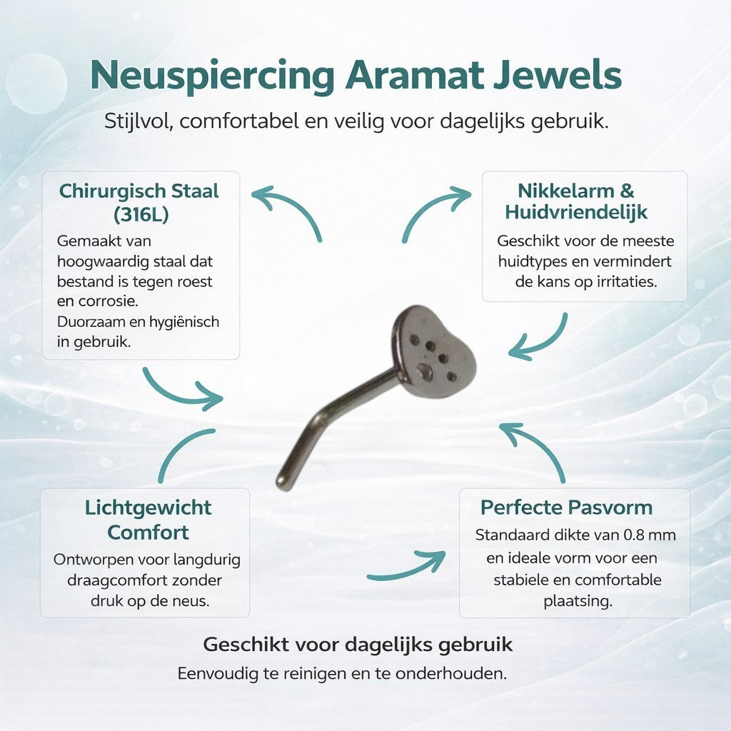 Aramat Jewels silver-tone steel L-shaped nose stud with a heart-shaped end featuring paw print details.