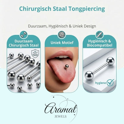 Aramat Jewels steel swirl tongue piercing with a colorful yellow, red, and blue logo on the top ball. Features durable, hygienic, and biocompatible surgical steel.