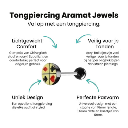 Aramat Jewels steel tongue piercing with card symbols: spade, heart, diamond, spade. Silver, yellow, black, and red.