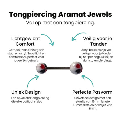 Aramat Jewels steel tongue piercing with white, red, and black acrylic clover heart charms.