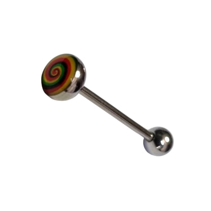 Aramat Jewels stainless steel tongue piercing with a colorful yellow, red, and blue swirl logo on the top ball.