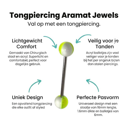 Aramat Jewels steel tongue piercing with white and neon yellow acrylic balls.