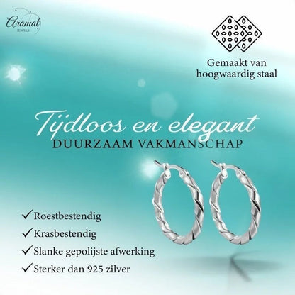 Aramat Jewels silver stainless steel twisted hoop earrings, 25mm or 45mm, timeless and elegant design.