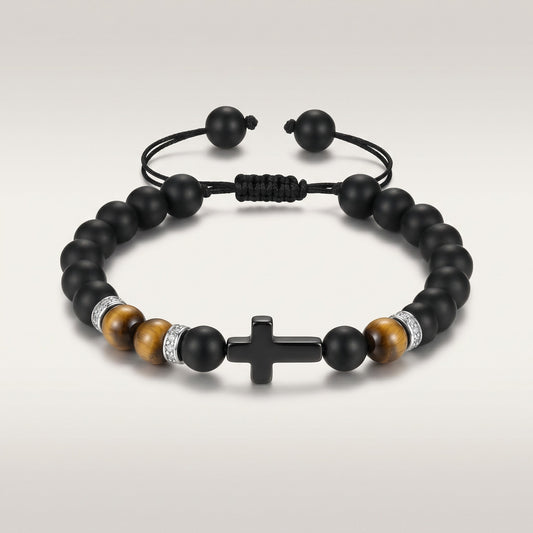 Aramat Jewels verstelbare armband met zwarte steen, tijgeroog en kruisje