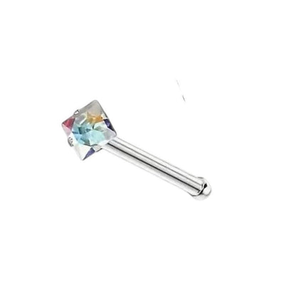 Aramat Jewels neuspiercing van chirurgisch staal met een vierkante 2mm AB zirkonia steen op een recht staafje