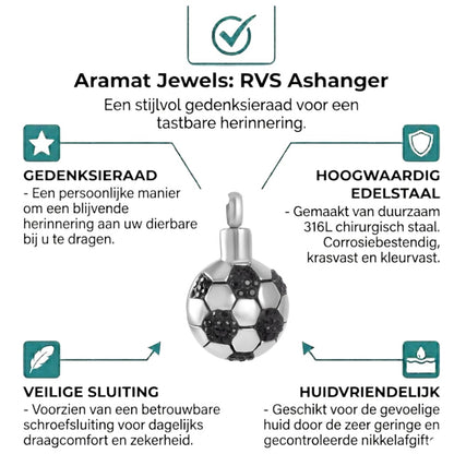 Aramat Jewels zilverkleurige RVS voetbal ashanger met zwarte steentjes, 27x17mm.