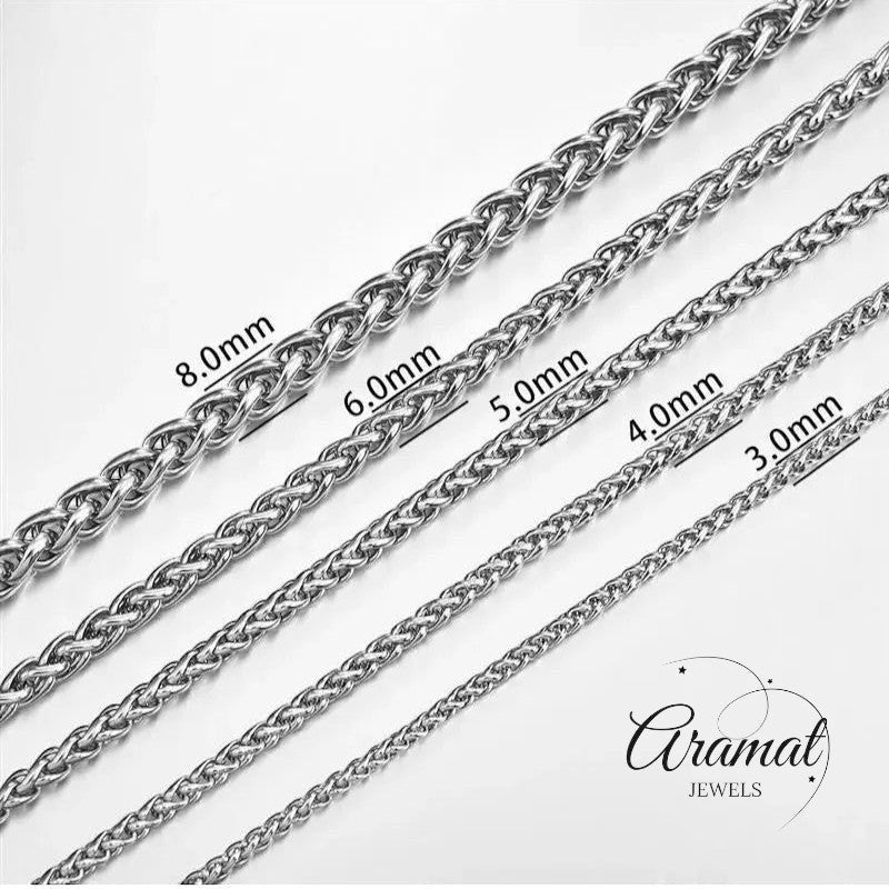 Aramat Jewels vossenstaart halsketting van zilverkleurig RVS in verschillende breedtes, waaronder 8 mm.