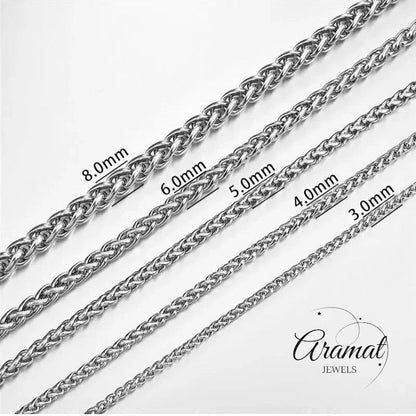 Aramat Jewels vossenstaart halsketting van zilverkleurig RVS in verschillende breedtes, waaronder 8 mm.