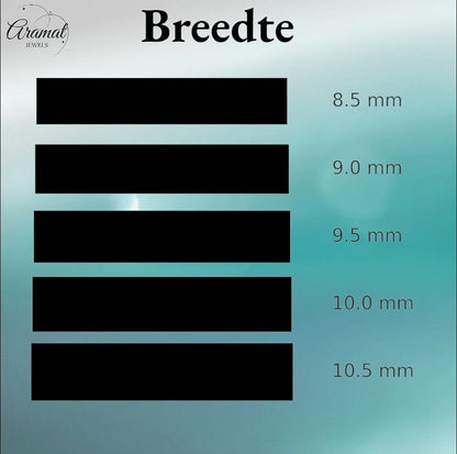 Aramat Jewels maattabel voor de breedte van vossenstaart kettingen, variërend van 8.5 mm tot 10.5 mm.