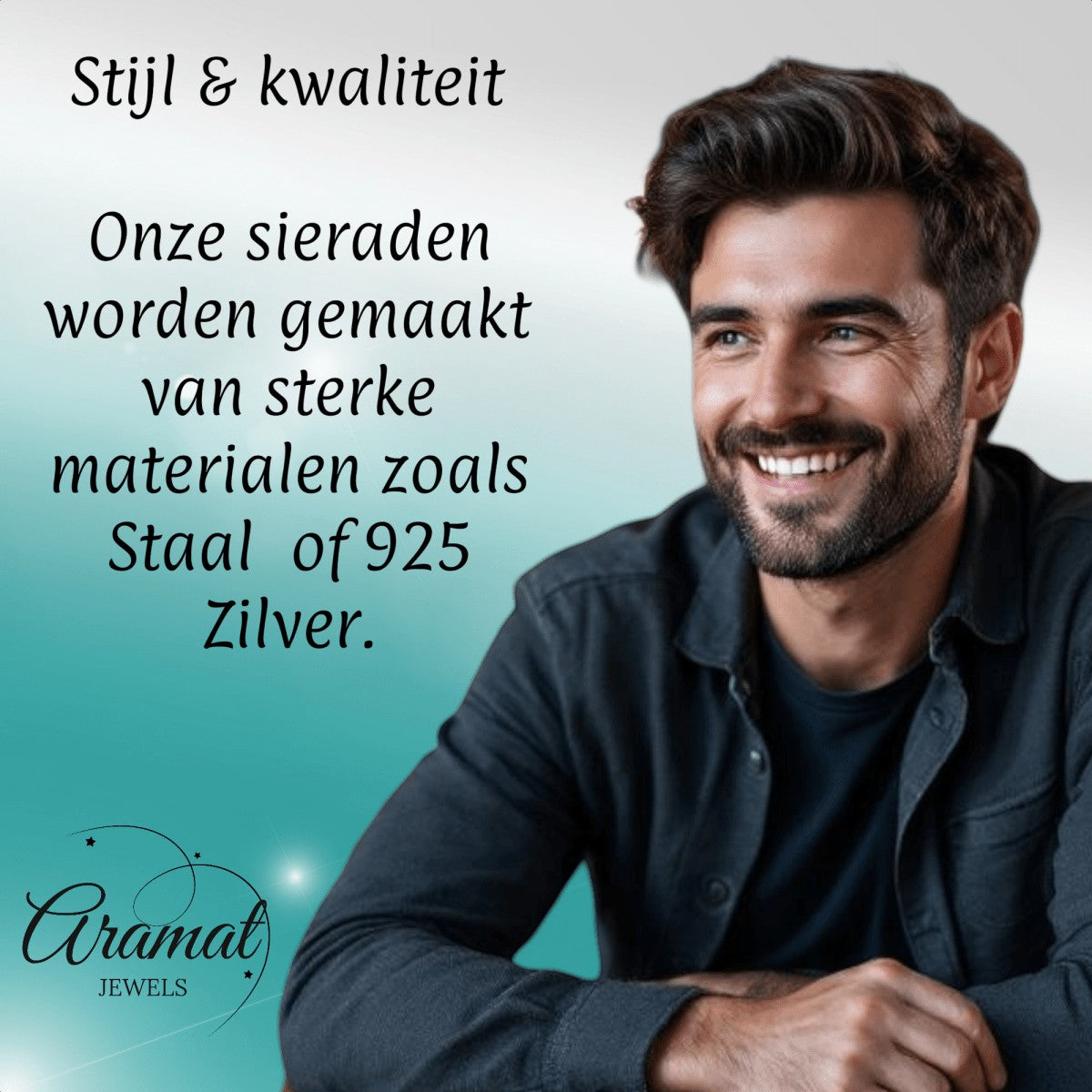 Aramat Jewels vossenstaart halsketting van 8 mm breed RVS in zilverkleur, gedragen door een lachende man.