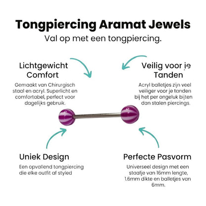 Aramat Jewels white and purple striped acrylic tongue piercing with a steel bar.