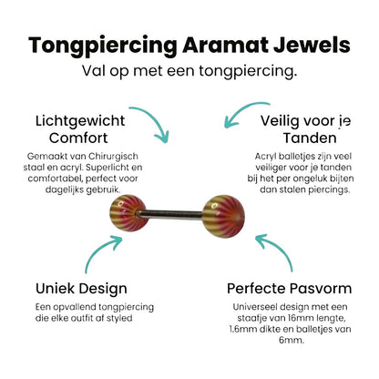 Aramat Jewels steel tongue piercing with 6mm yellow and red striped acrylic balls.