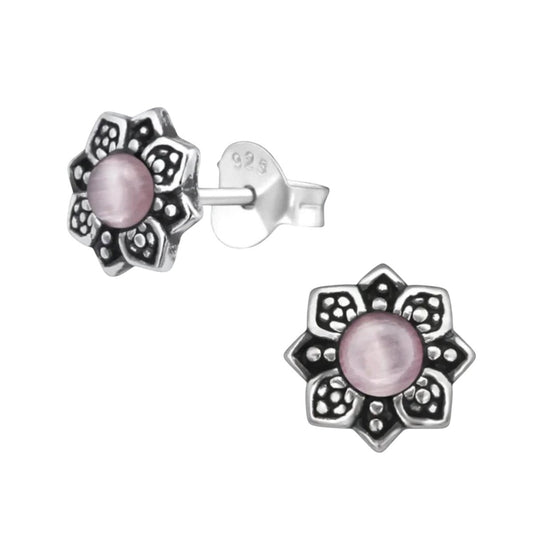 Aramat Jewels zilveren bloem oorbellen met roze cat eye steen, 7mm