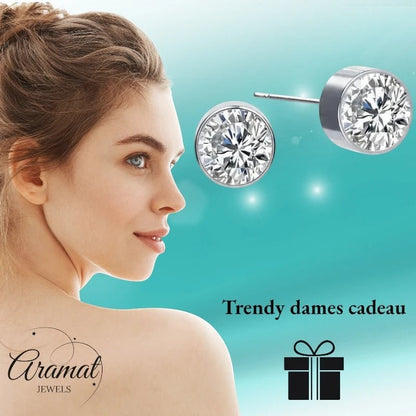 Aramat Jewels zilverkleurige oorstekers met 6mm transparant kristal, gemaakt van roestvrij staal.