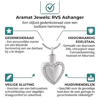 Aramat Jewels zilverkleurige stalen hartvormige ashanger met kristallen, waterbestendig, zonder ketting.
