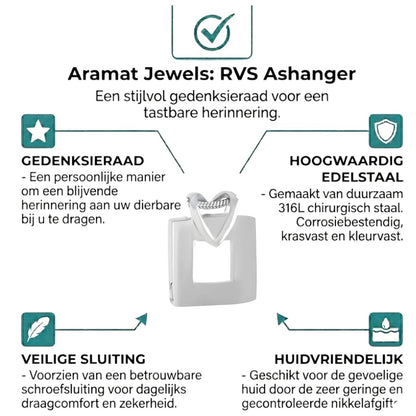 Aramat Jewels zilverkleurige stalen ashanger in open vierkant design, 25x20 mm.