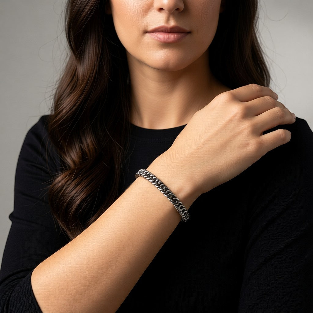 Aramat Jewels zilverkleurige stalen gourmet schakelarmband van 21cm en 7mm breed.