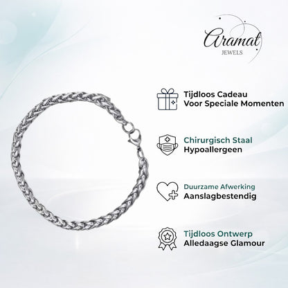 Zilverkleurige Aramat Jewels vossenstaart armband van roestvrij staal met een breedte van 5 mm en lengte van 21 cm.