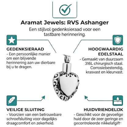 Aramat Jewels zilverkleurige hartvormige ashanger met sierlijke rand, gemaakt van roestvrij staal.