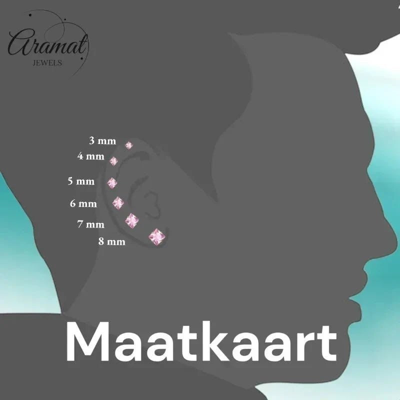 Aramat Jewels zilverkleurige oorstekers met transparant kristal van 6mm, maatkaart.