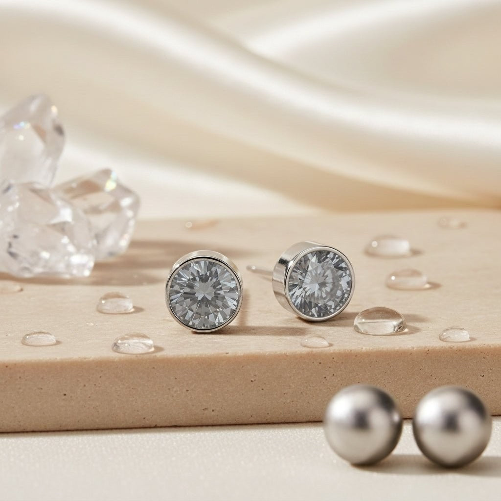 Aramat Jewels zilverkleurige oorstekers met 6mm transparant kristal, gemaakt van roestvrij staal.