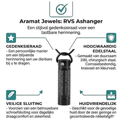 Aramat Jewels zwarte buisvormige crematiehanger van roestvrij staal met een gebed en een kleine kristaldecoratie.