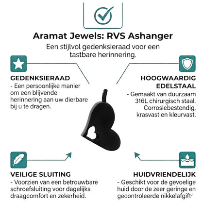 Aramat Jewels zwarte crematiehanger in de vorm van een hart met een open hart-design, gemaakt van 316L staal.