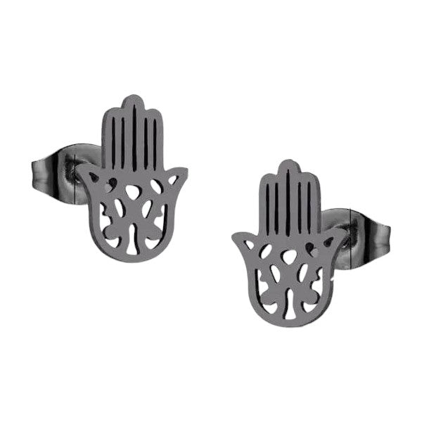Zwarte Aramat Jewels Hamsa oorstekers van RVS in de vorm van een Handje van Fatima, 11x7mm groot.
