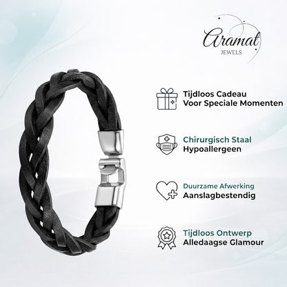 Aramat Jewels stoere zwarte leren gevlochten armband met zilverkleurige sluiting, 13mm breed.